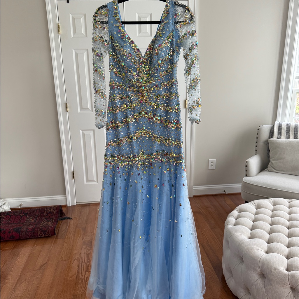 Couture Elegant Blue Sequin Evening Gown